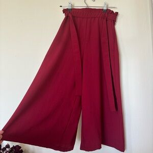 Mango Red Wide Leg Pants with Tie Waist